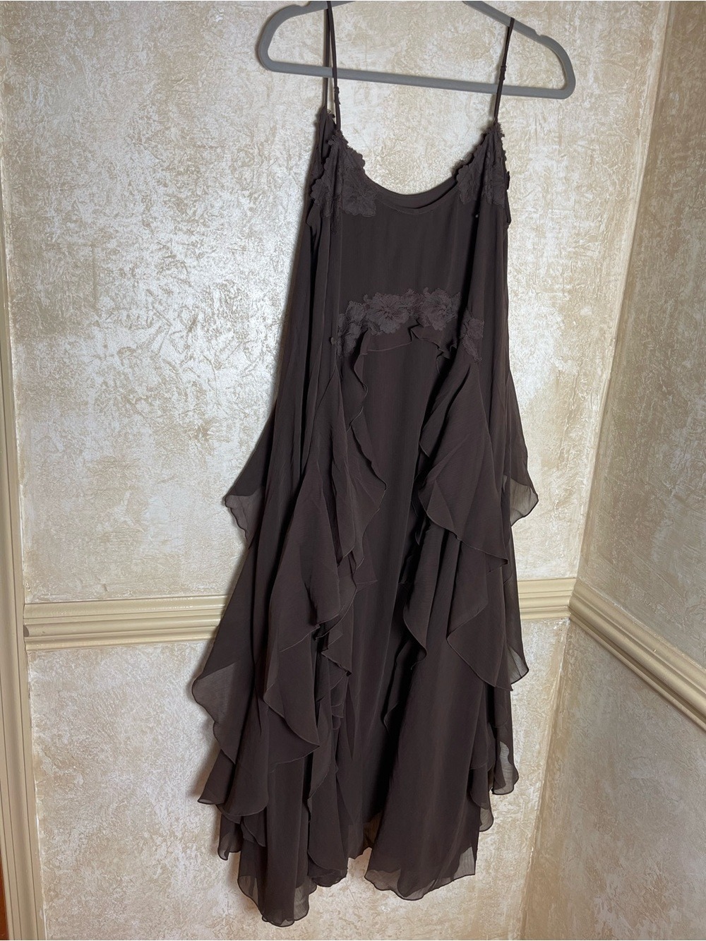 House of Harlow 1960 Chiffon Maxi Cocktail Dress Ruffles Brown Flowy Fairy Sz M - Picture 6 of 10